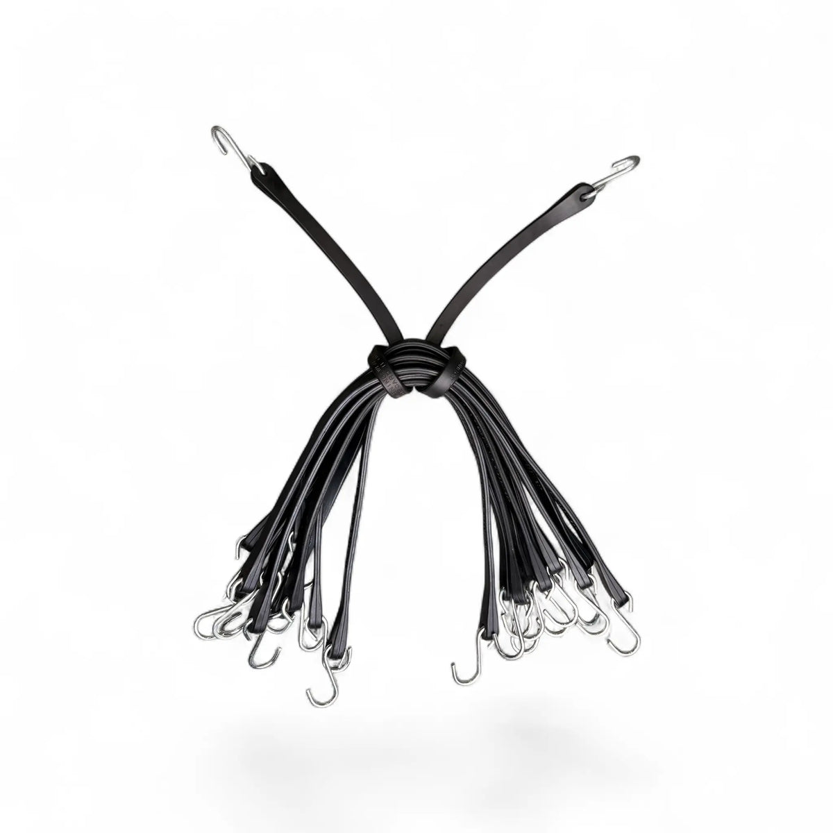 Bundle of 21in EPDM tarp bungee straps with galvanized S-hooks, two straps pulled clear