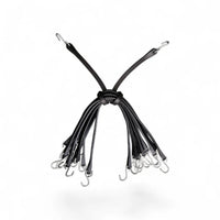 Bundle of 21in EPDM tarp bungee straps with galvanized S-hooks, two straps pulled clear