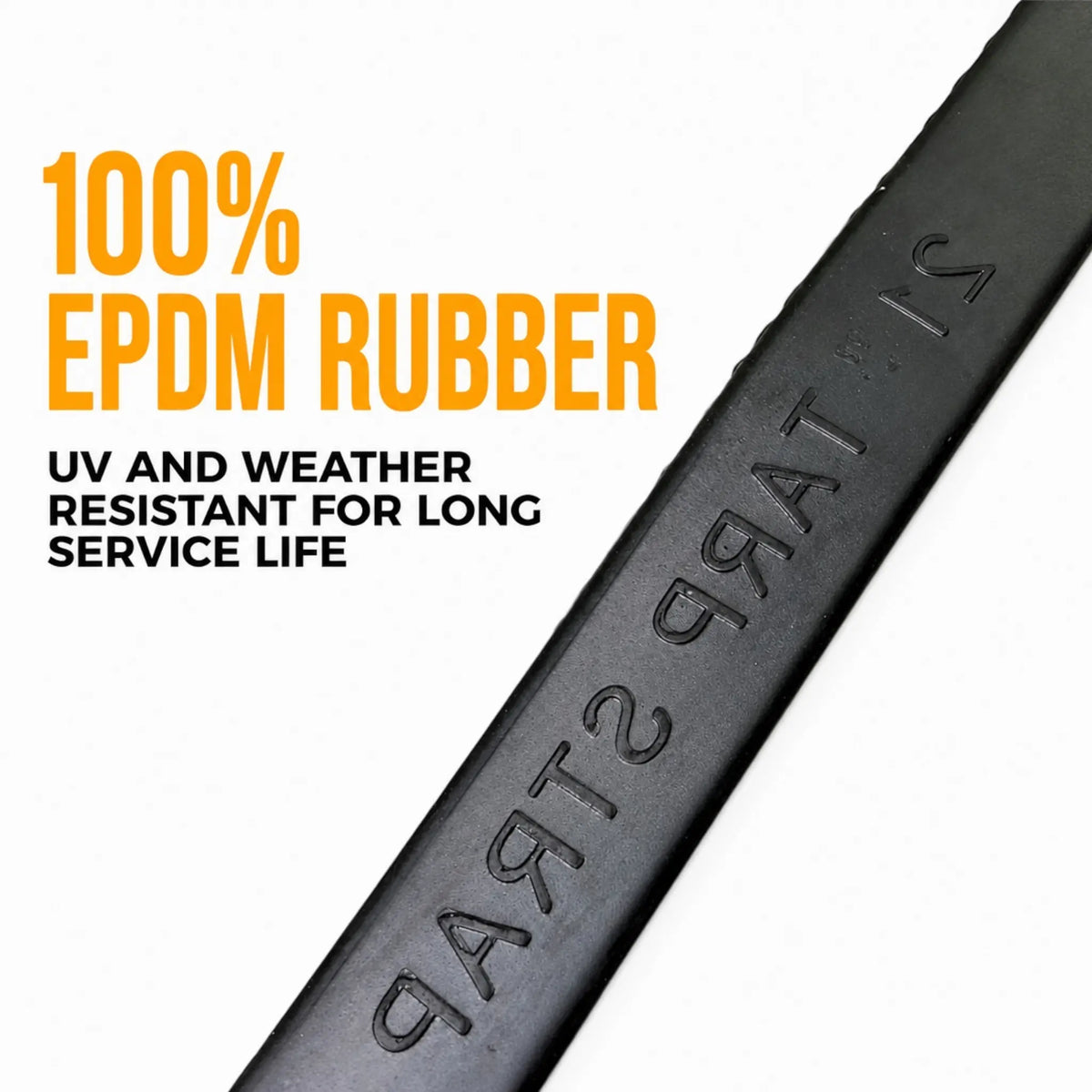 Close-up of a 21in tarp strap body in 100% EPDM rubber with embossed lettering