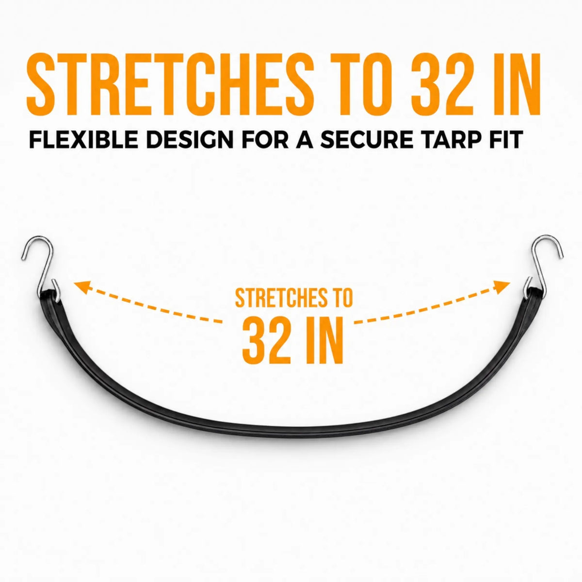 21in tarp bungee strap stretched to its full 32in, galvanized S-hook at each end