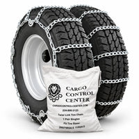 Twist link tire chains for 24.5 inch tires fitted on a dual wheel, with the storage bag in front