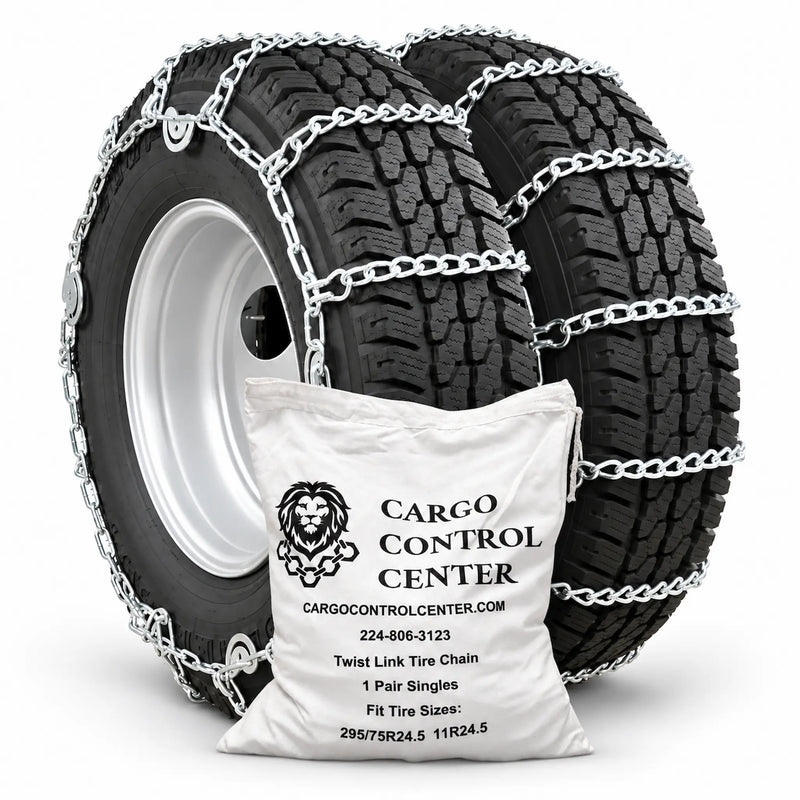 Twist link tire chains for 24.5 inch tires fitted on a dual wheel, with the storage bag in front