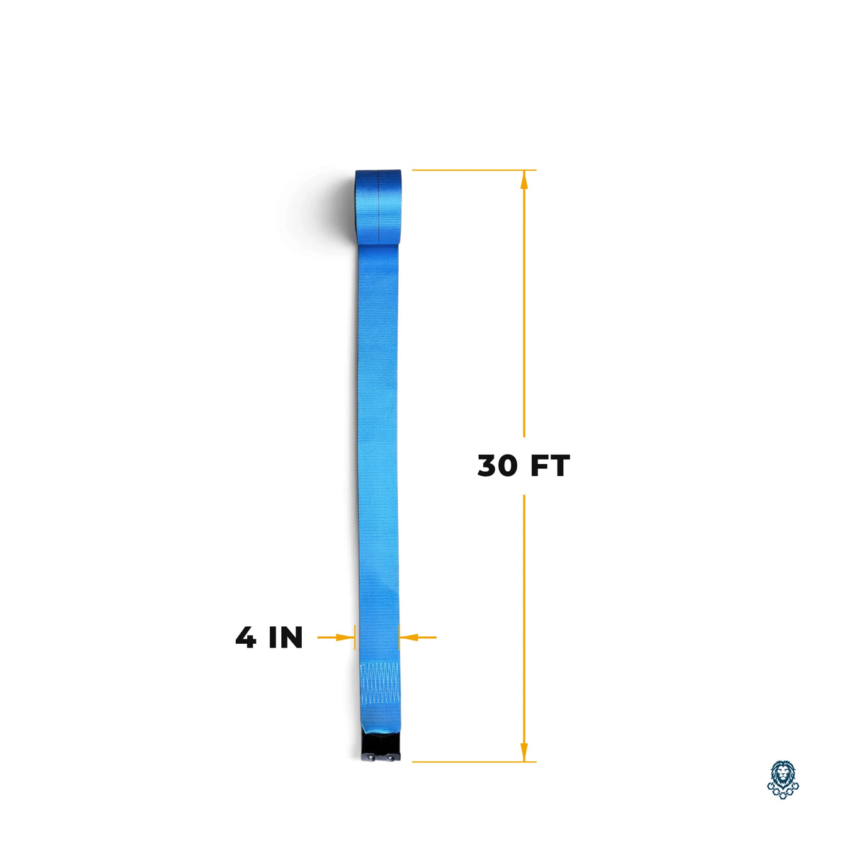 Coiled blue winch strap with printed webbing and a black flat hook on the loose end.