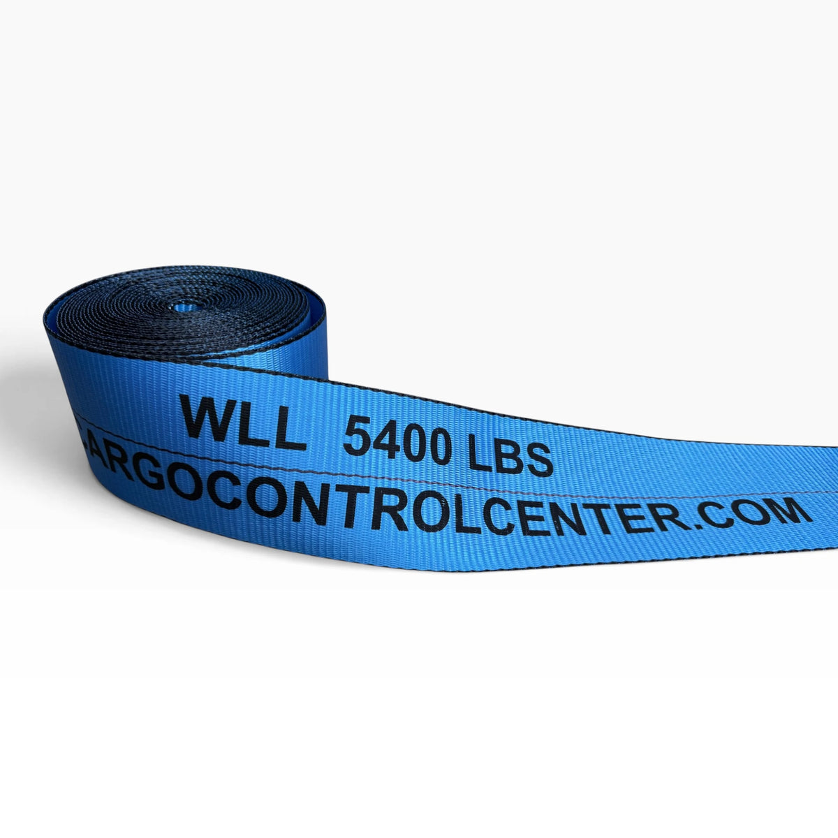 Close-up of the blue webbing printed with WLL 5400 LBS and the company web address