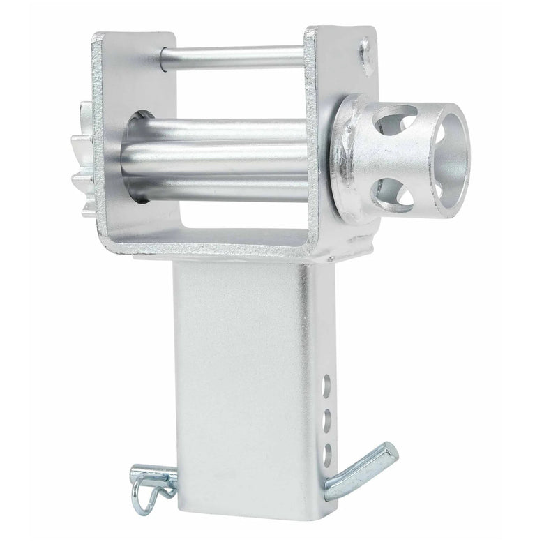 Zinc-plated stake pocket winch, strap drum and winch bar socket, with the drilled stake pocket stem and two cotter pins below
