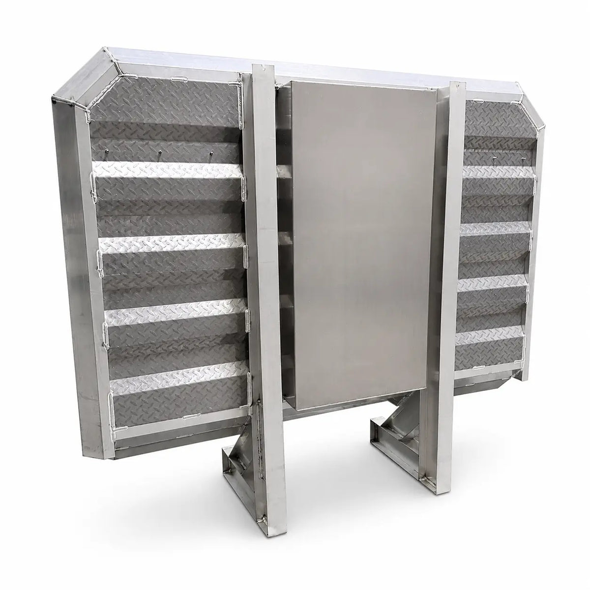 Back view of aluminum headache rack with tool box mounted on semi truck