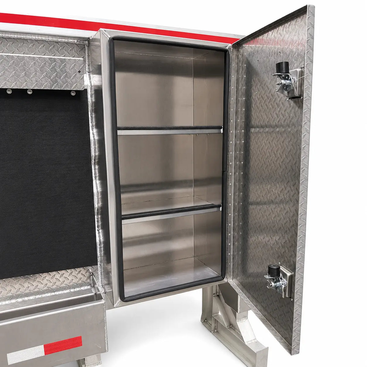 Headache rack tool box open showing 3 interior shelves — diamond plate aluminum cab rack