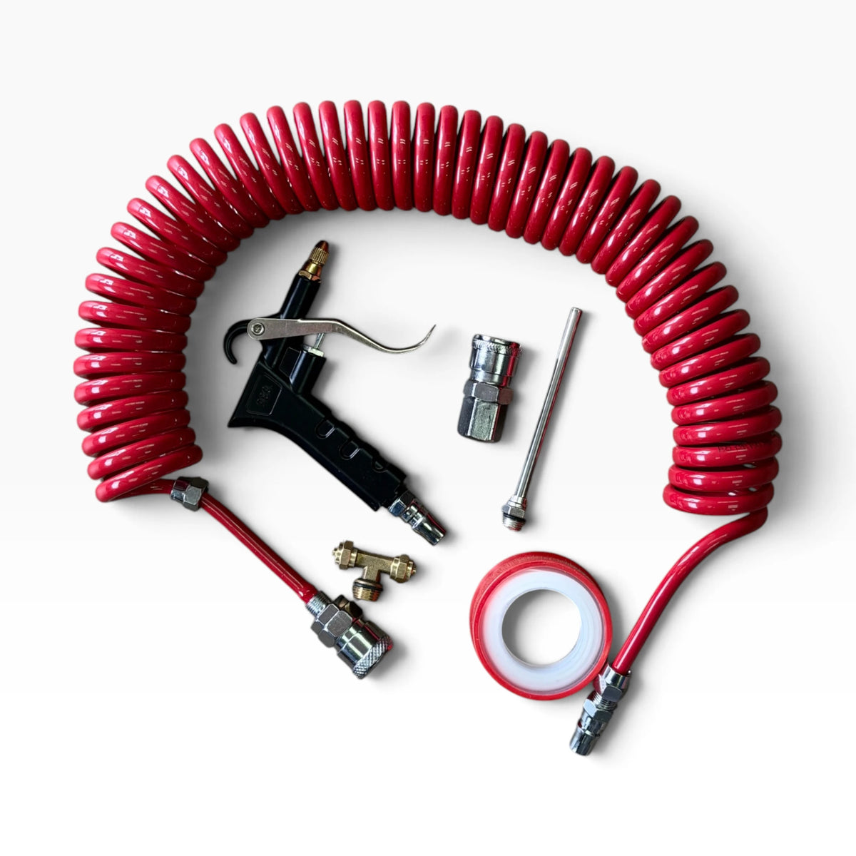 The complete air seat blow gun kit laid out: coil hose, gun, brass T-fitting, couplers and thread-seal tape