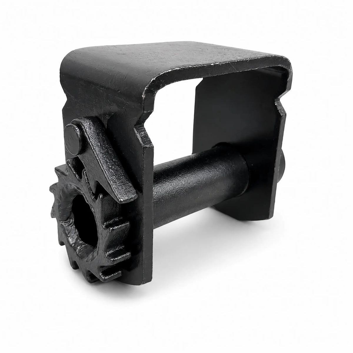 Sliding trailer winch for C track, ratchet gear and spring-loaded pawl on the crank end