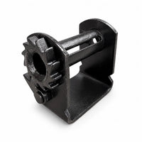 Sliding trailer winch seen from below, showing the open channel body and the strap slot through the drum