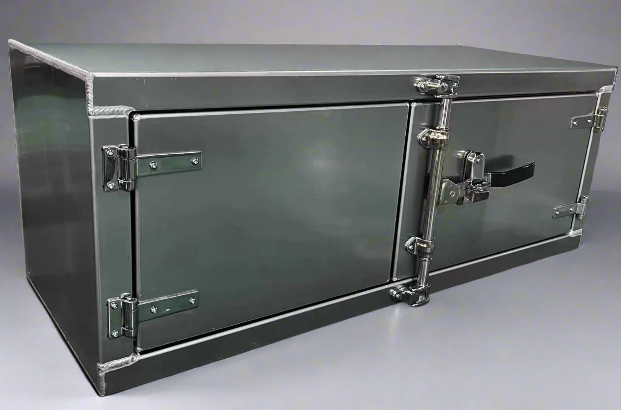 Trailer Tool Box 24”H x 24”D x 60”W, Double Barn Door Style, Aluminum Mirror Finish with Paddle Lock