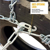 Close-up of the chain's side hook with its locking tab, with the caption Anti-opening lock