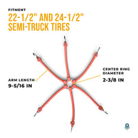 Spider bungee fitment diagram: 22-1/2 and 24-1/2 inch semi truck tires, 9-5/16 inch arms, 2-3/8 inch center ring