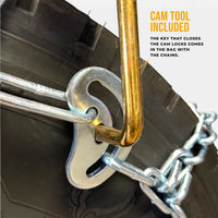 Cam tool turning a cam lock on a tire chain, with the caption Cam tool included