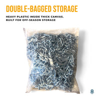 Tire chains in a clear plastic bag, with the caption Double-bagged storage: heavy plastic inside thick canvas