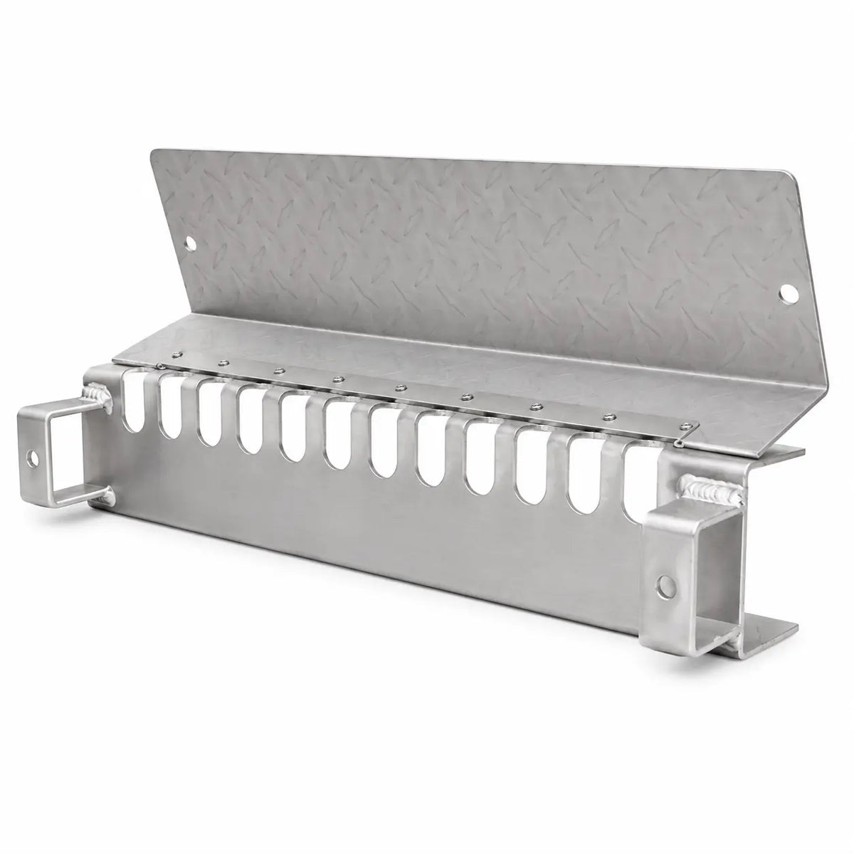 Chain hanger bracket with a row of U-shaped slots and a diamond plate top flap, shown at an angle