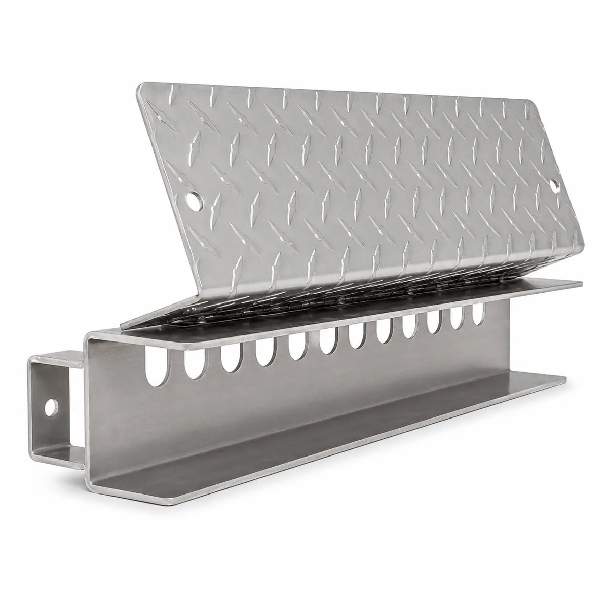 Chain hanger bracket with a row of U-shaped slots and a diamond plate top flap, shown at an angle