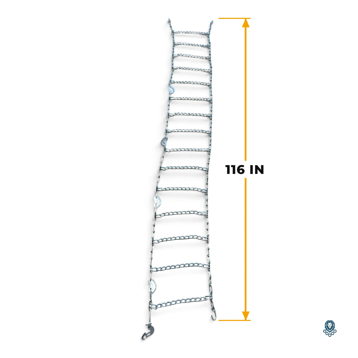 Tire chain laid flat with its length marked: 116 in
