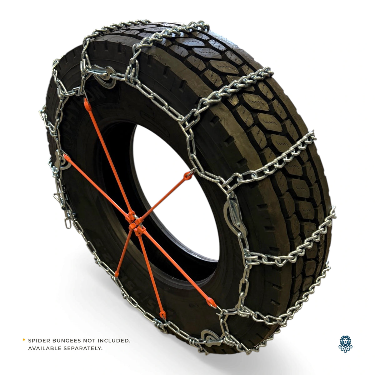 Tire chain fitted on a tire with an orange spider bungee, noted as not included