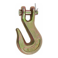 Gold-zinc 3/8 in Grade 70 clevis grab hook with a clevis pin and cotter pin at top, hook facing right