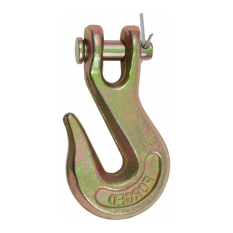Gold-zinc 3/8 in Grade 70 clevis grab hook with a clevis pin and cotter pin at top, hook facing right