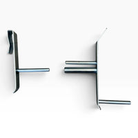 Both parts of the clip-on winch strap winder side by side, the hooked plate on the left and the roller plate with its rods on the right