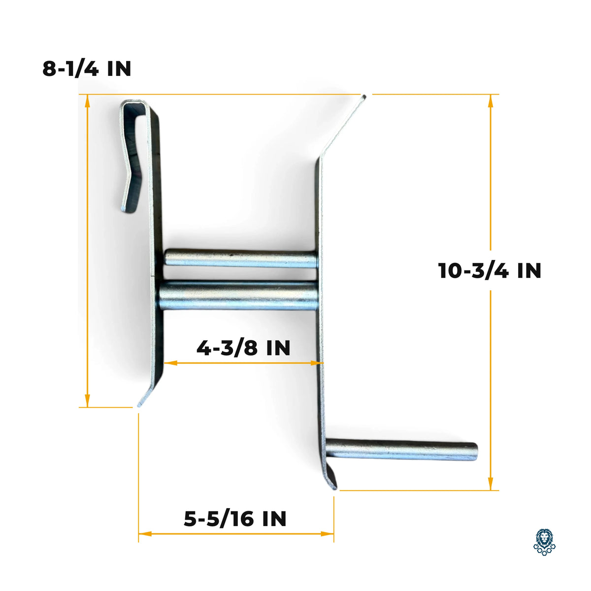 Dimensions of the clip-on winch strap winder: 10-3/4 in overall, 8-1/4 in hooked frame, 5-5/16 in wide, 4-3/8 in roller