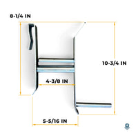 Dimensions of the clip-on winch strap winder: 10-3/4 in overall, 8-1/4 in hooked frame, 5-5/16 in wide, 4-3/8 in roller
