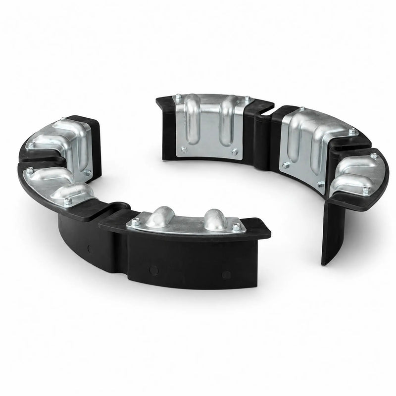 Pair of curved coil protector segments with black rubber shells and ribbed metal liners forming a ring