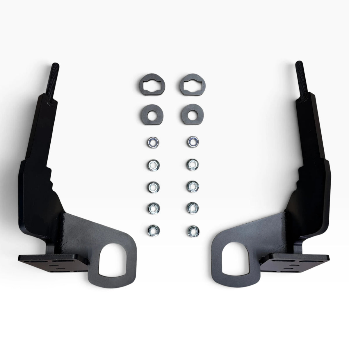 Cascadia deer guard brackets, driver and passenger side, with the keyed plates, washers and nuts between them