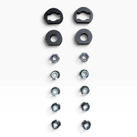 Hardware of the Cascadia deer guard bracket set: two keyed plates, two round washers, two lock nuts and eight flange nuts