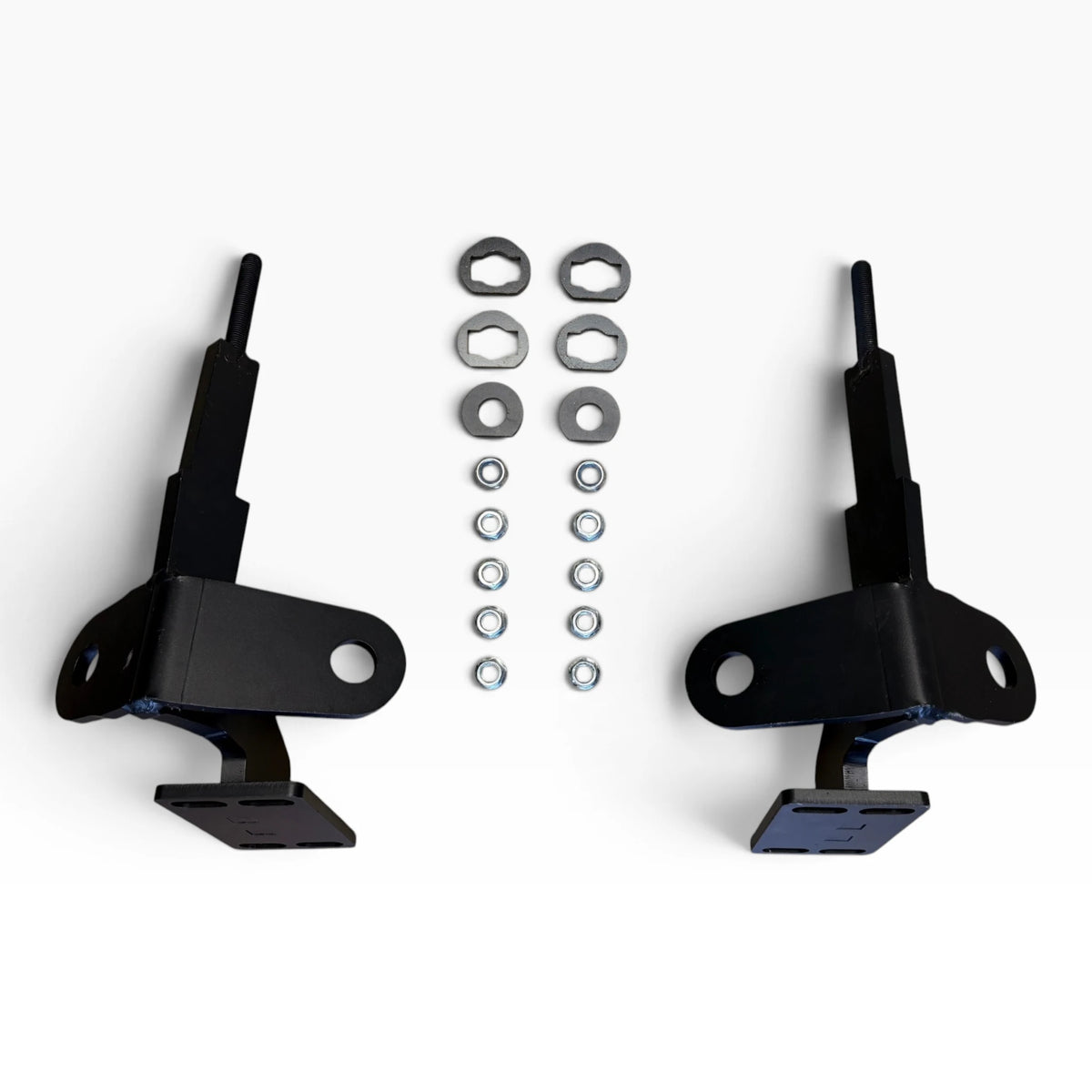 Deer guard bracket set for the Freightliner Cascadia 2026 and newer: two black steel brackets with their hardware