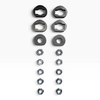 Hardware of the Cascadia 2026+ deer guard bracket set: four keyed plates, two round washers, two lock nuts and eight flange nuts