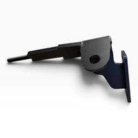 One Cascadia 2026+ deer guard bracket from the side: the arm with its threaded end, a towing eye and the mounting plate