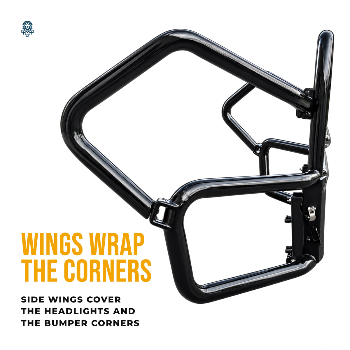 Deer guard from the side: the wing wraps around to cover the headlight and the bumper corner