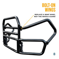 Deer guard side wing bolted to the center frame with a clamp, so a bent wing can be replaced on its own