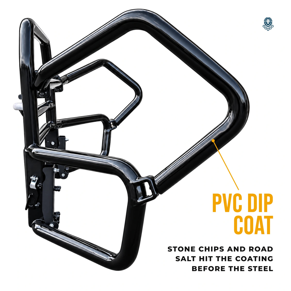 Side view of a deer guard wing: steel tube under a black PVC dip coat
