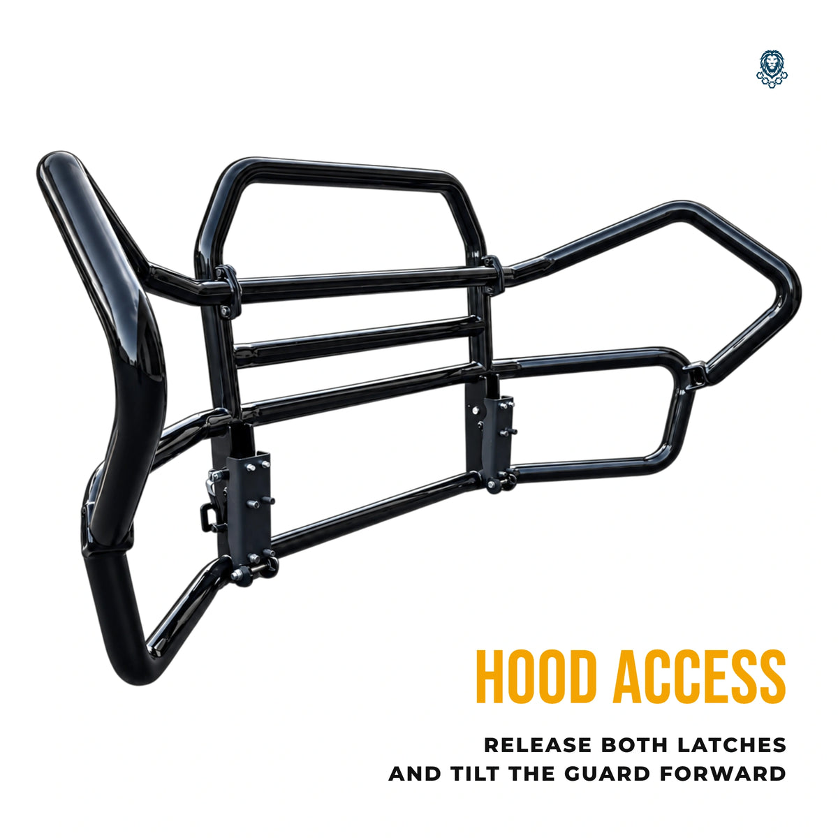 Deer guard from behind at an angle, showing the two posts it hinges on to tilt forward for hood access