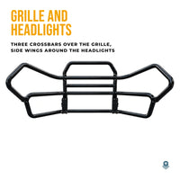 Deer guard from the front, low: three crossbars cover the grille and the side wings reach around the headlights