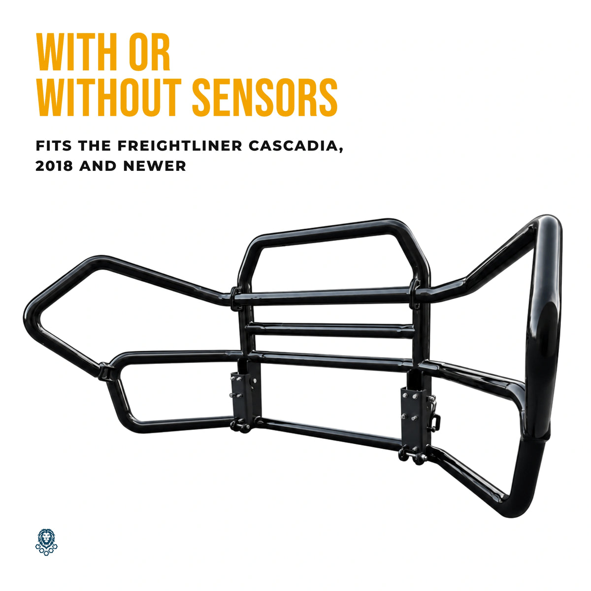 Cascadia deer guard at a wide three-quarter angle; fits trucks with or without sensors