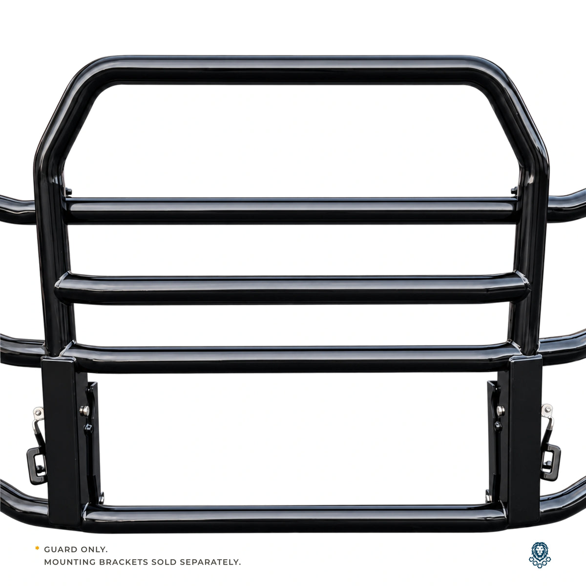 Close front view of the deer guard's center frame and latch handles; mounting brackets sold separately