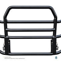 Close front view of the deer guard's center frame and latch handles; mounting brackets sold separately