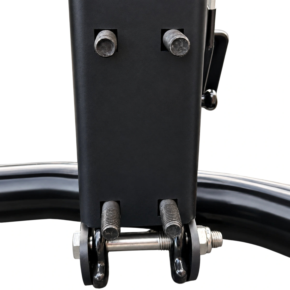 Foot of a deer guard mounting post: two threaded studs and the hinge pin