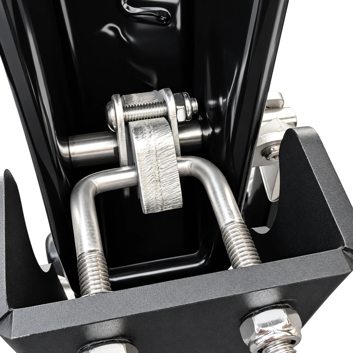 Underside of the deer guard's post mount: hinge pin, U-bolt and mounting plate