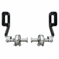 Deer guard latch and handle kit: a left and a right latch side by side, each with a black handle and a round-head pin