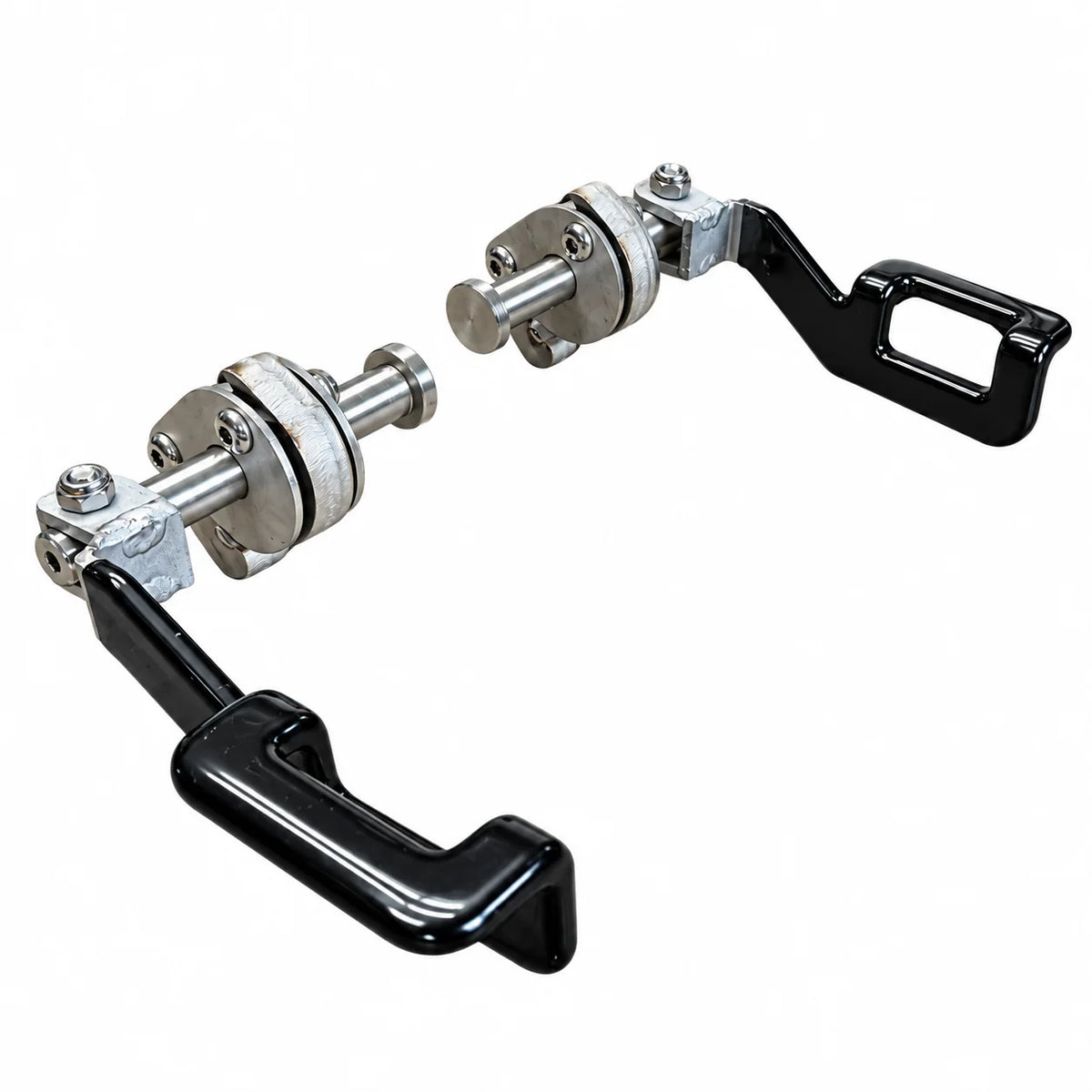 The two deer guard latches at an angle, black handles and the locks on their pins
