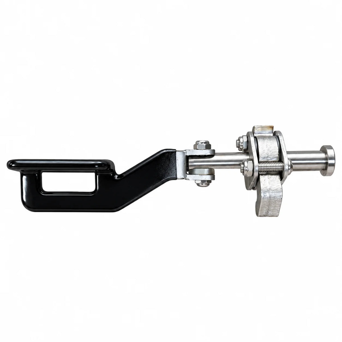 One deer guard latch from the side: black handle, link, pin with a round head and the lock