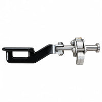 One deer guard latch from the side: black handle, link, pin with a round head and the lock