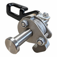 Close-up of a deer guard latch's lock, held by two bolts and lock nuts, on its pin