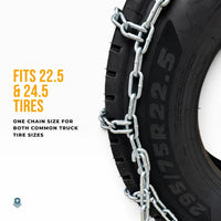 Tire chain on a 295/75R22.5 tire. Fits 22.5 and 24.5 tires, one chain size for both.